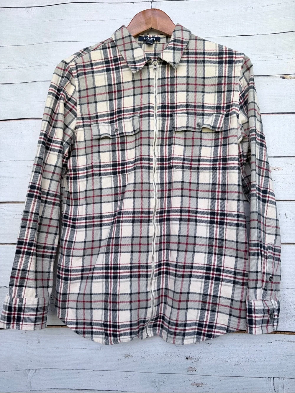Chaps Full-Zip Plaid Flannel Shirt Jacket Shacket Cream Navy Red - Medium